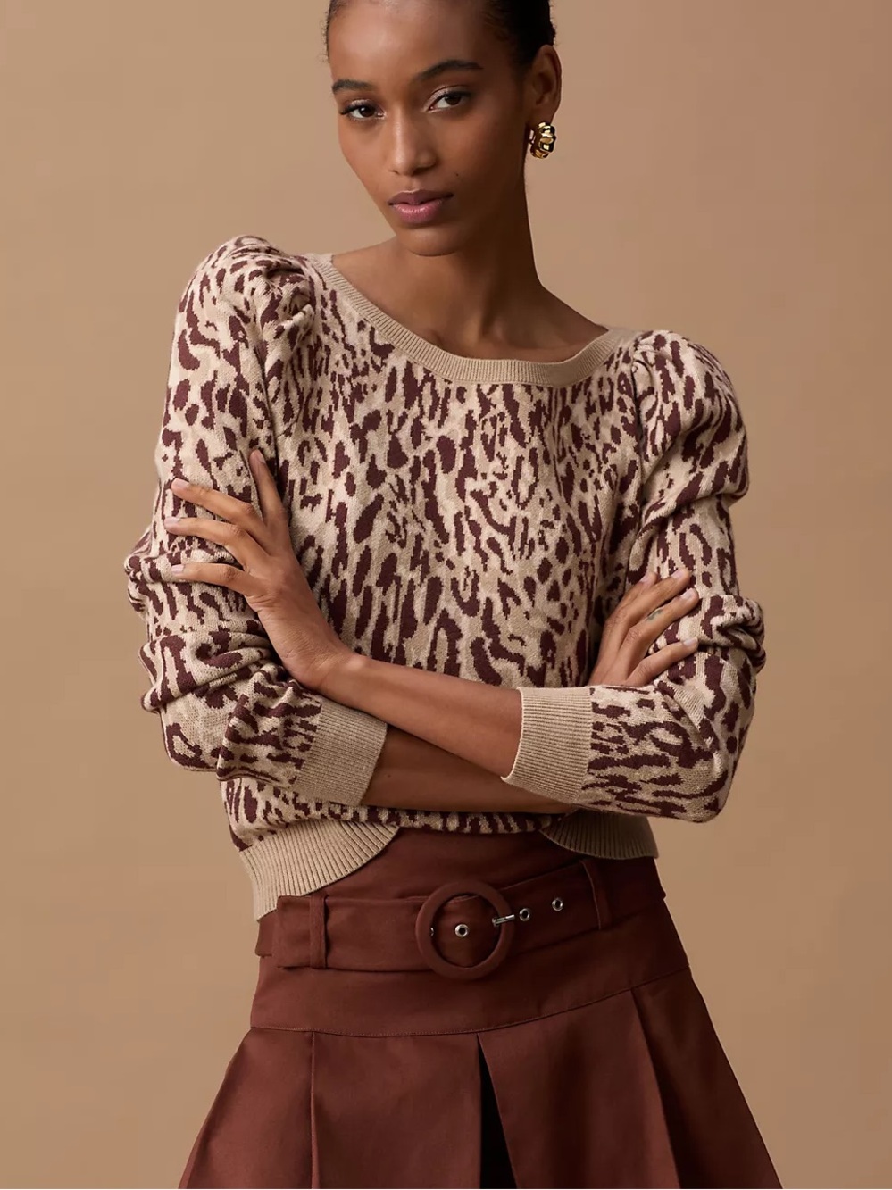 Anthropologie Maeve Leopard Puff-Sleeve Pullover Sweater